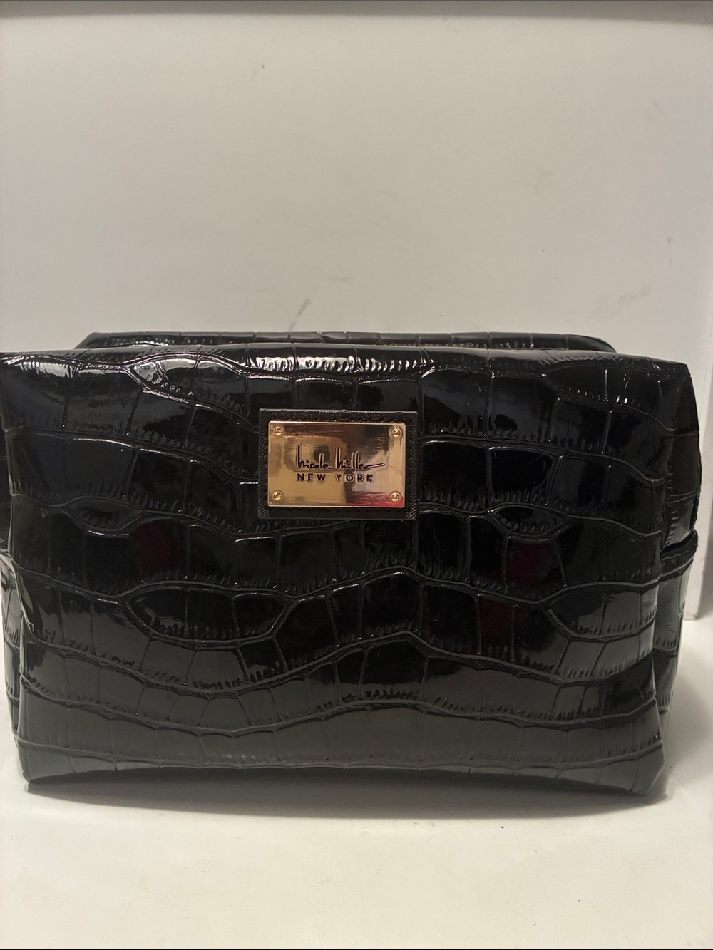 Nicole Miller Black Croc-Embossed Cosmetic Case with Gold Plaque